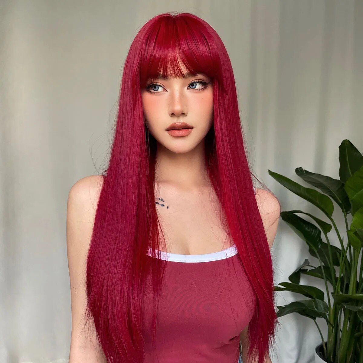 wine red long straight synthetic wig with bangs heat resistant, perfect for cosplay & daily wear
