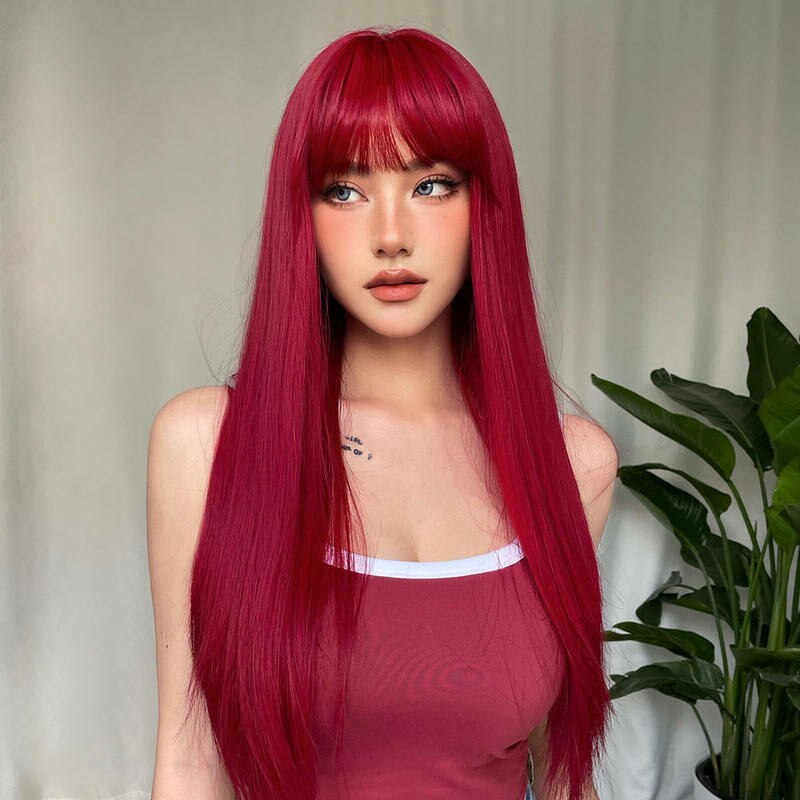 wine red long straight synthetic wig with bangs heat resistant, perfect for cosplay & daily wear