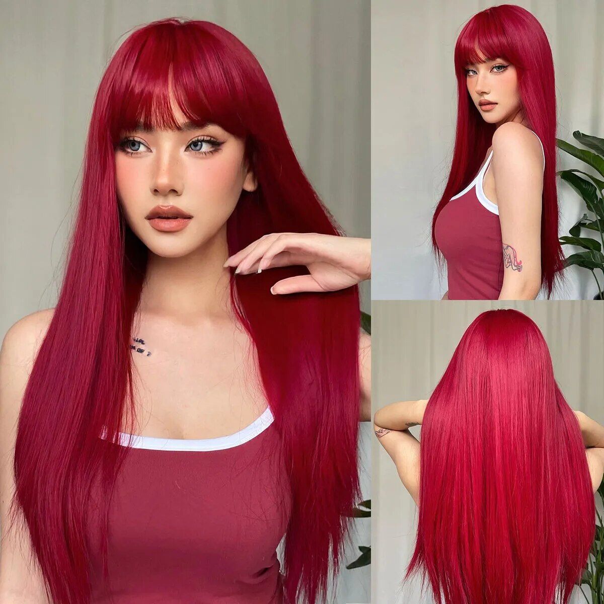 wine red long straight synthetic wig with bangs heat resistant, perfect for cosplay & daily wear