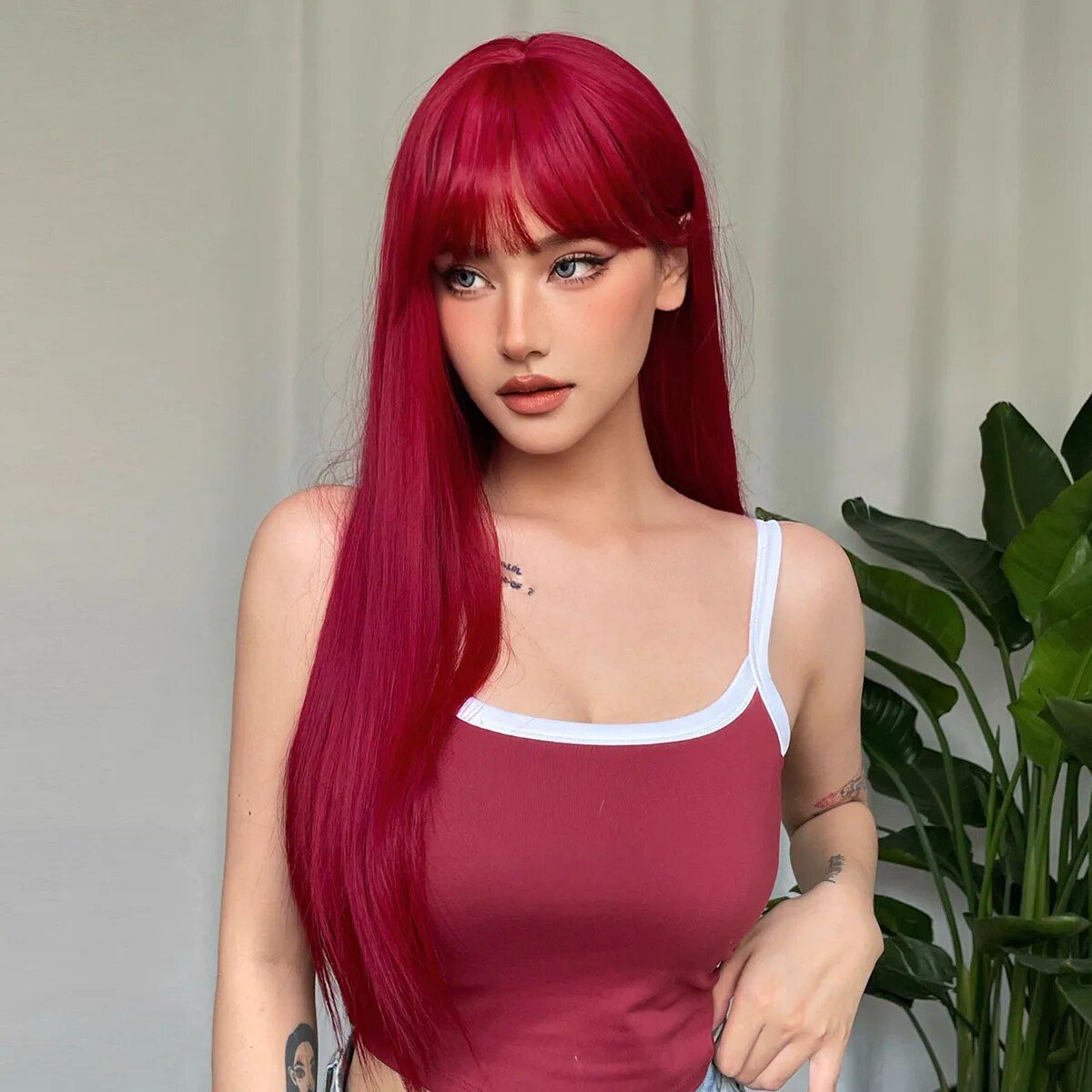 wine red long straight synthetic wig with bangs heat resistant, perfect for cosplay & daily wear