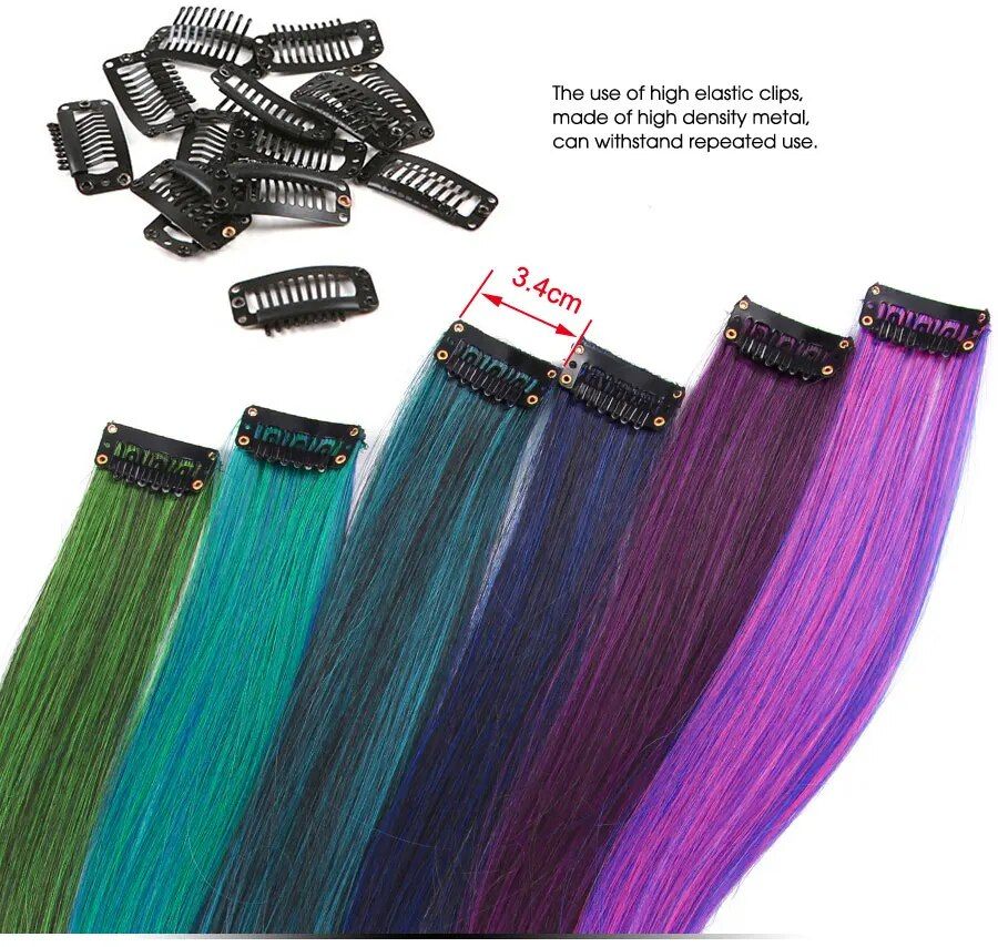 rainbow ombre synthetic clip on hair extensions 20" colorful hair strands for festivals and daily wear