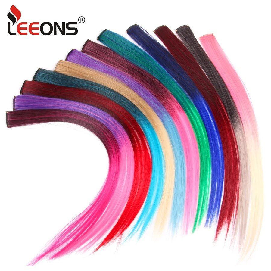 rainbow ombre synthetic clip on hair extensions 20" colorful hair strands for festivals and daily wear