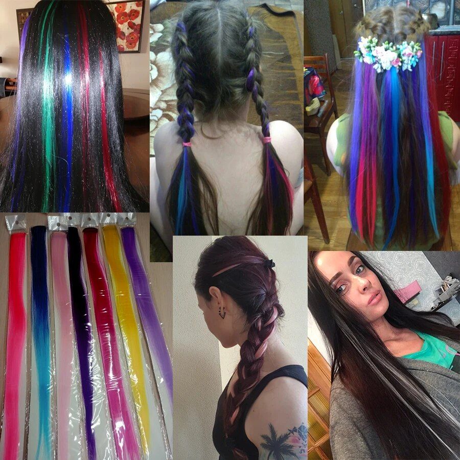 rainbow ombre synthetic clip on hair extensions 20" colorful hair strands for festivals and daily wear