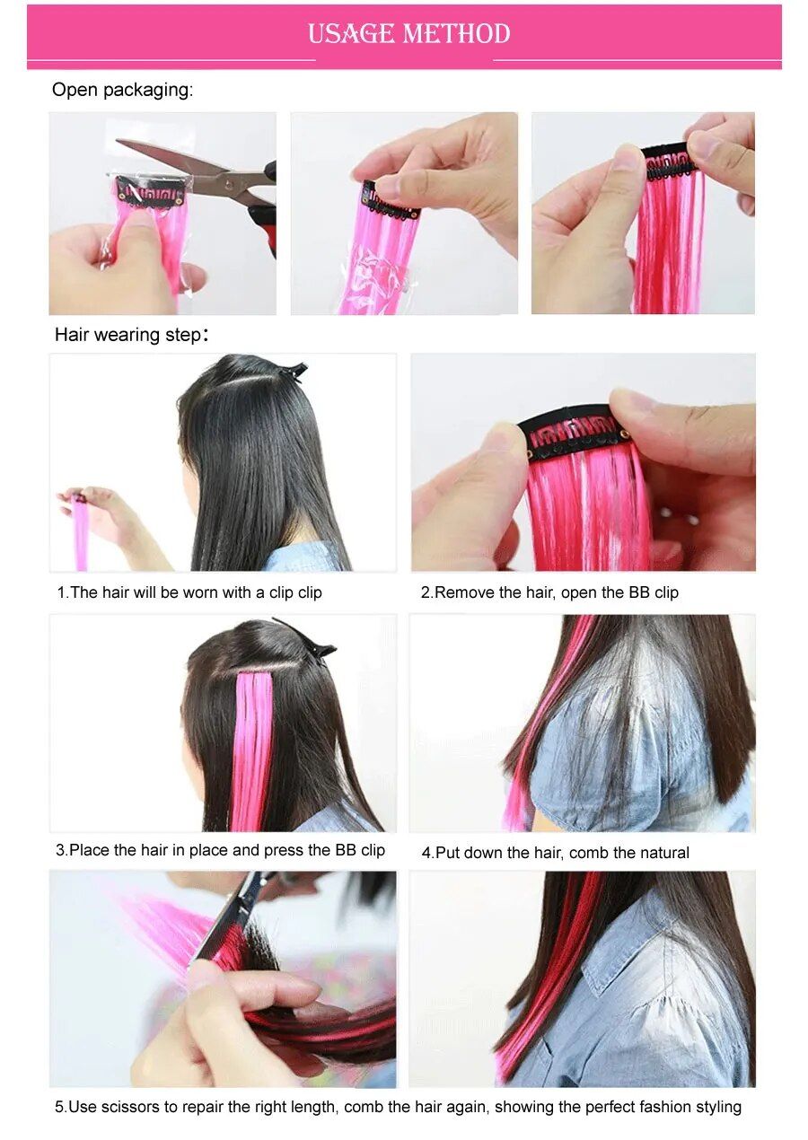 rainbow ombre synthetic clip on hair extensions 20" colorful hair strands for festivals and daily wear