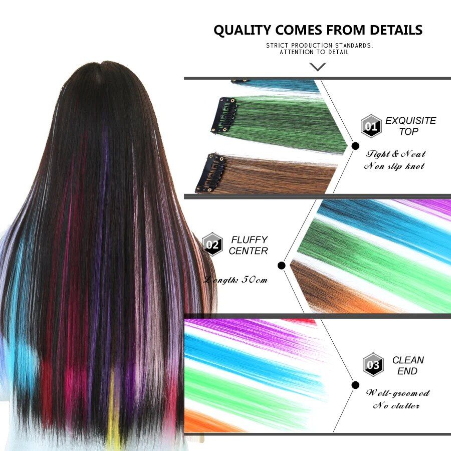 rainbow ombre synthetic clip on hair extensions 20" colorful hair strands for festivals and daily wear