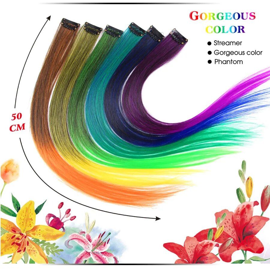 rainbow ombre synthetic clip on hair extensions 20" colorful hair strands for festivals and daily wear