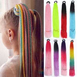 colorful synthetic braided ponytail extension 60cm elastic rubber band, permutable 12 strands pack