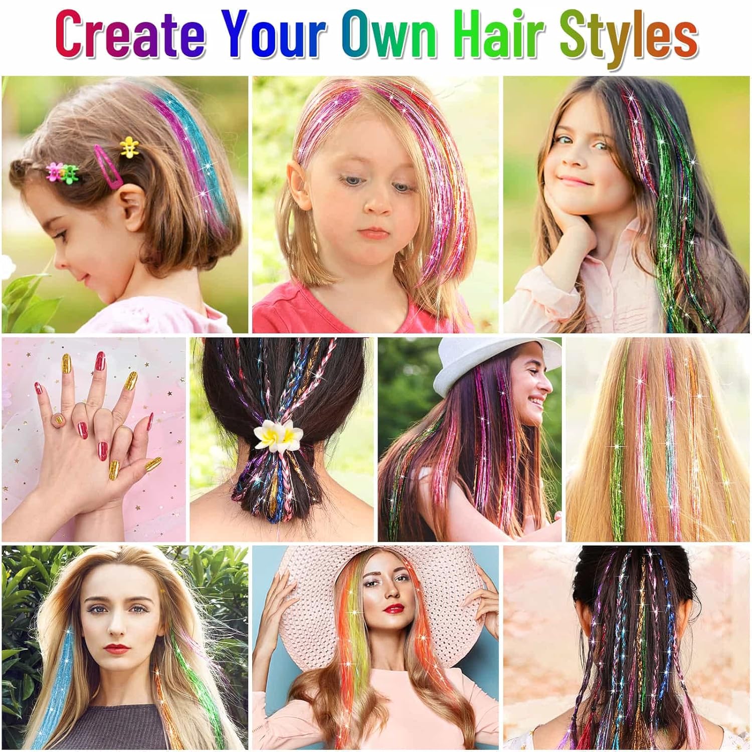 glitter hair extension sparkle kit rainbow shiny tinsel strands for braiding and hair bling