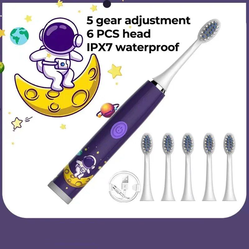 kids' fun cartoon sonic electric toothbrush with multiple brush heads & rechargeable waterproof design