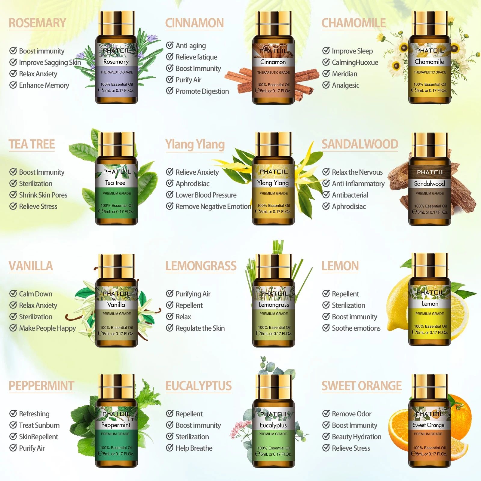 15 piece natural aromatherapy essential oils set plant based, for diffusers, massage, and home care