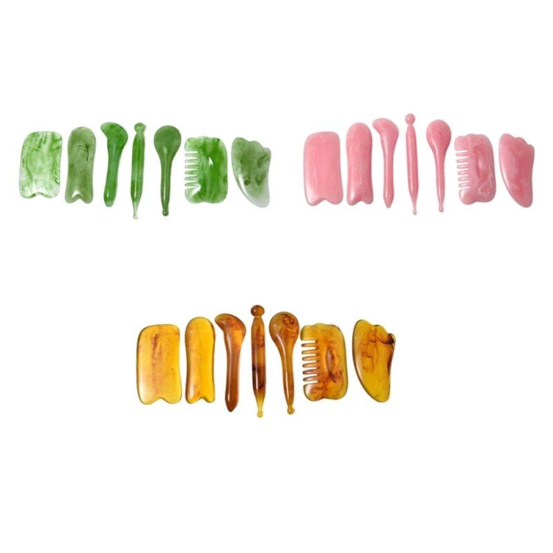 7 piece natural resin gua sha massage set: facial & body acupuncture scraper tools