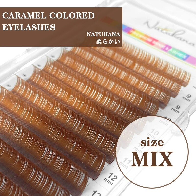 colorful mink effect lash extensions: caramel, brown, teal, mocha shades