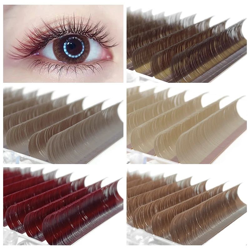 colorful mink effect lash extensions: caramel, brown, teal, mocha shades