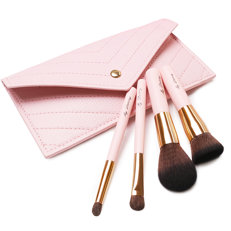 4pcs portable mini pink makeup brushes set with bag for travel