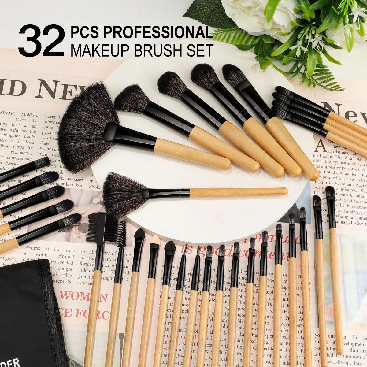 32 piece natural hair makeup brush set with premium wooden handles