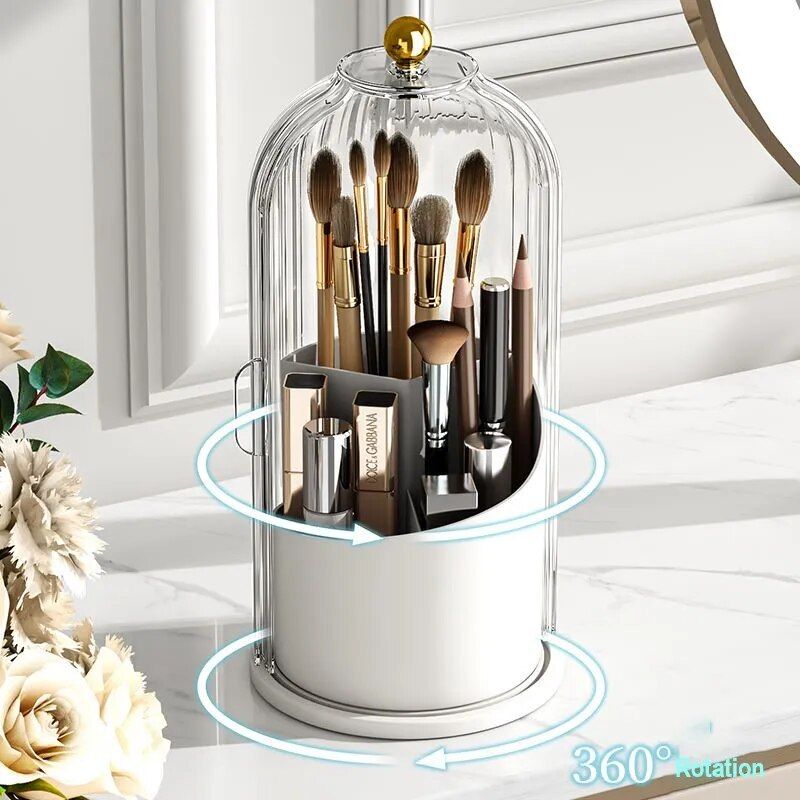 luxury rotating makeup organizer with lid compact cosmetic storage for brushes & lipsticks