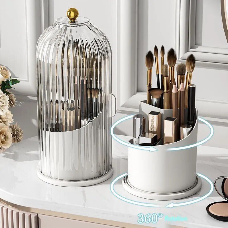 luxury rotating makeup organizer with lid compact cosmetic storage for brushes & lipsticks