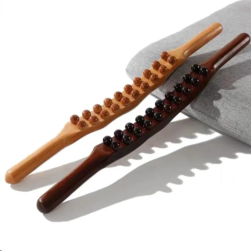 dual action gua sha & massage therapy stick natural beechwood, multi purpose body relaxer