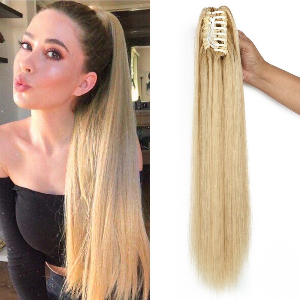 24 inch heat resistant straight synthetic ponytail clip on long hair extension for women